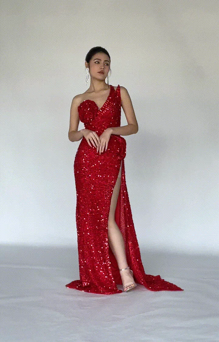 One-Shoulder 3D Rose Design Neckline High Slit Dresses