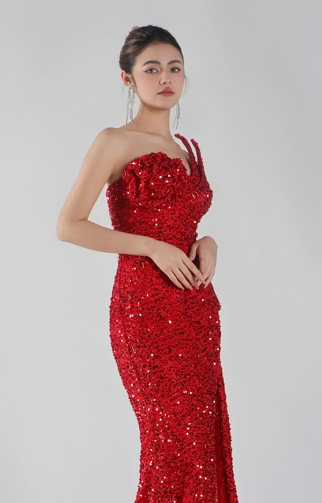 One-Shoulder 3D Rose Design Neckline High Slit Dresses