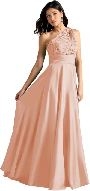 One Shoulder Pleated Bridesmaid Dresses for Women 2025 Elegant Long Corset Chiffon Formal Dress with Pocket LO042