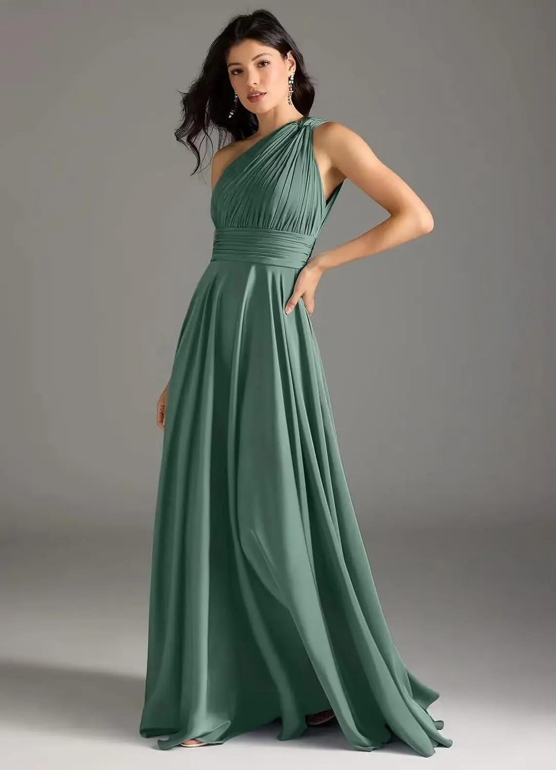 One Shoulder Pleated Bridesmaid Dresses for Women 2025 Elegant Long Corset Chiffon Formal Dress with Pocket LO042
