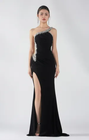 One-Shoulder Rhinestone-Cutout Detail High Slit Dresses