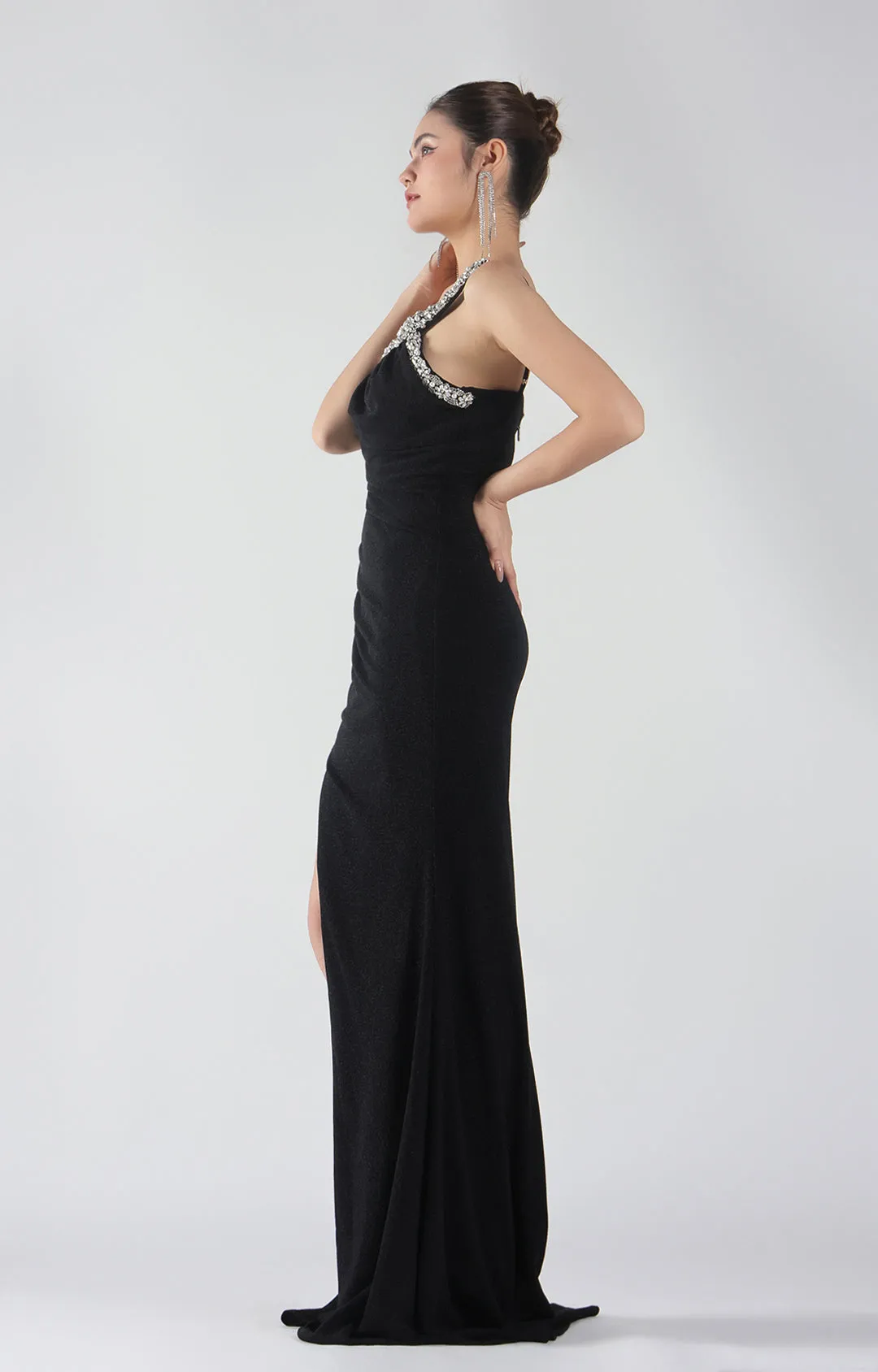 One-Shoulder Rhinestone-Cutout Detail High Slit Dresses