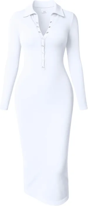 OQQ Women's Long Sleeve Maxi Dress Ribbed Back Slit Button Down Bodycon Soft Going Out Elegant Party Dresses