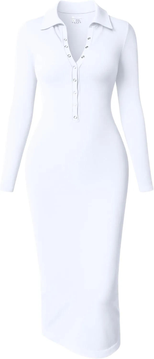 OQQ Women's Long Sleeve Maxi Dress Ribbed Back Slit Button Down Bodycon Soft Going Out Elegant Party Dresses