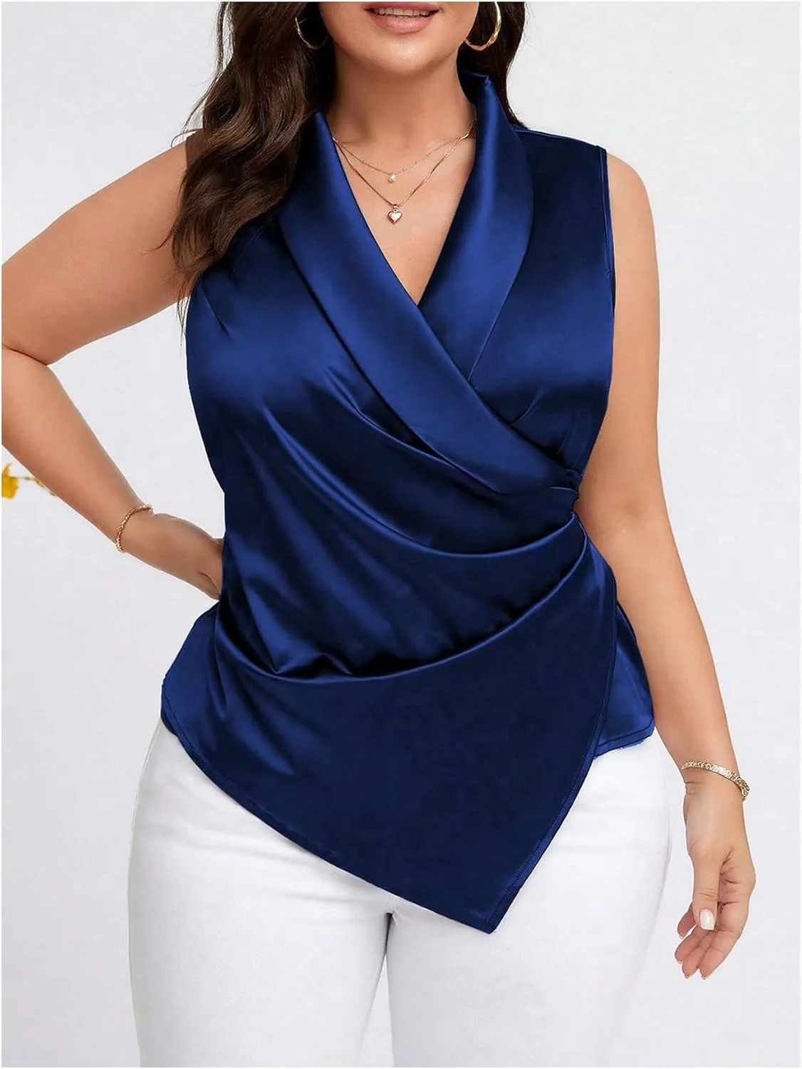 OYOANGLE Women's Plus Size Satin Wrap V Neck Sleeveless Blouse Asymmetrical Hem Elegant Work Office Tank Tops