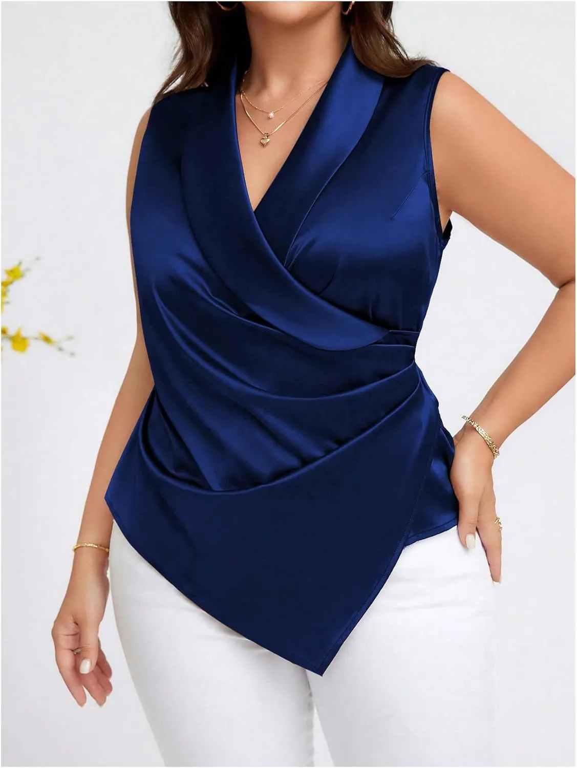 OYOANGLE Women's Plus Size Satin Wrap V Neck Sleeveless Blouse Asymmetrical Hem Elegant Work Office Tank Tops
