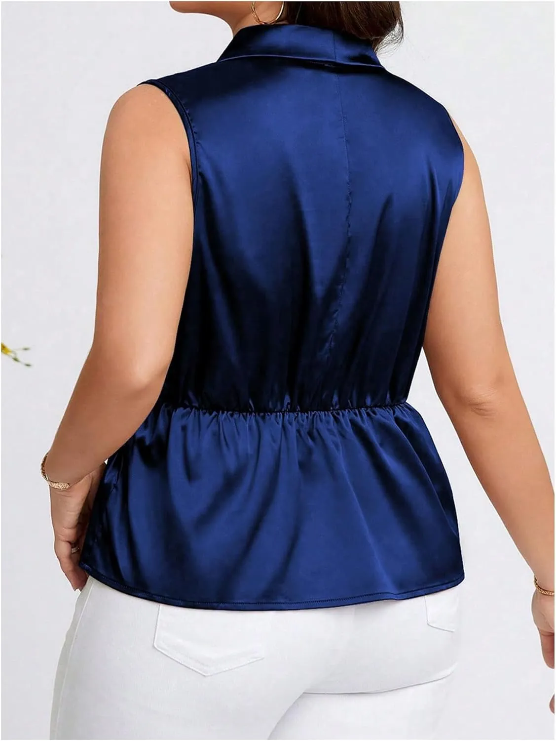 OYOANGLE Women's Plus Size Satin Wrap V Neck Sleeveless Blouse Asymmetrical Hem Elegant Work Office Tank Tops