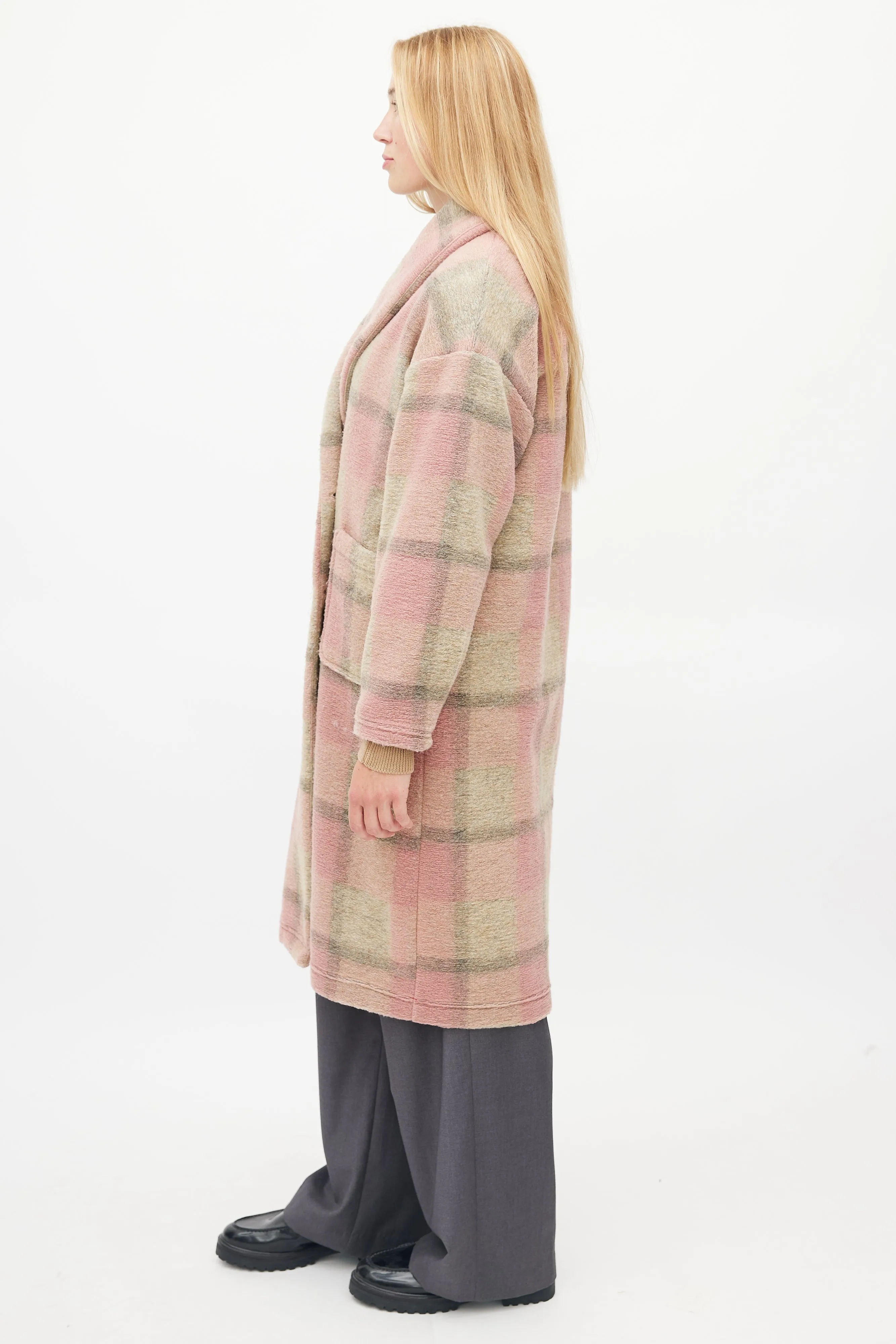 Pink & Brown Plaid Shawl Coat