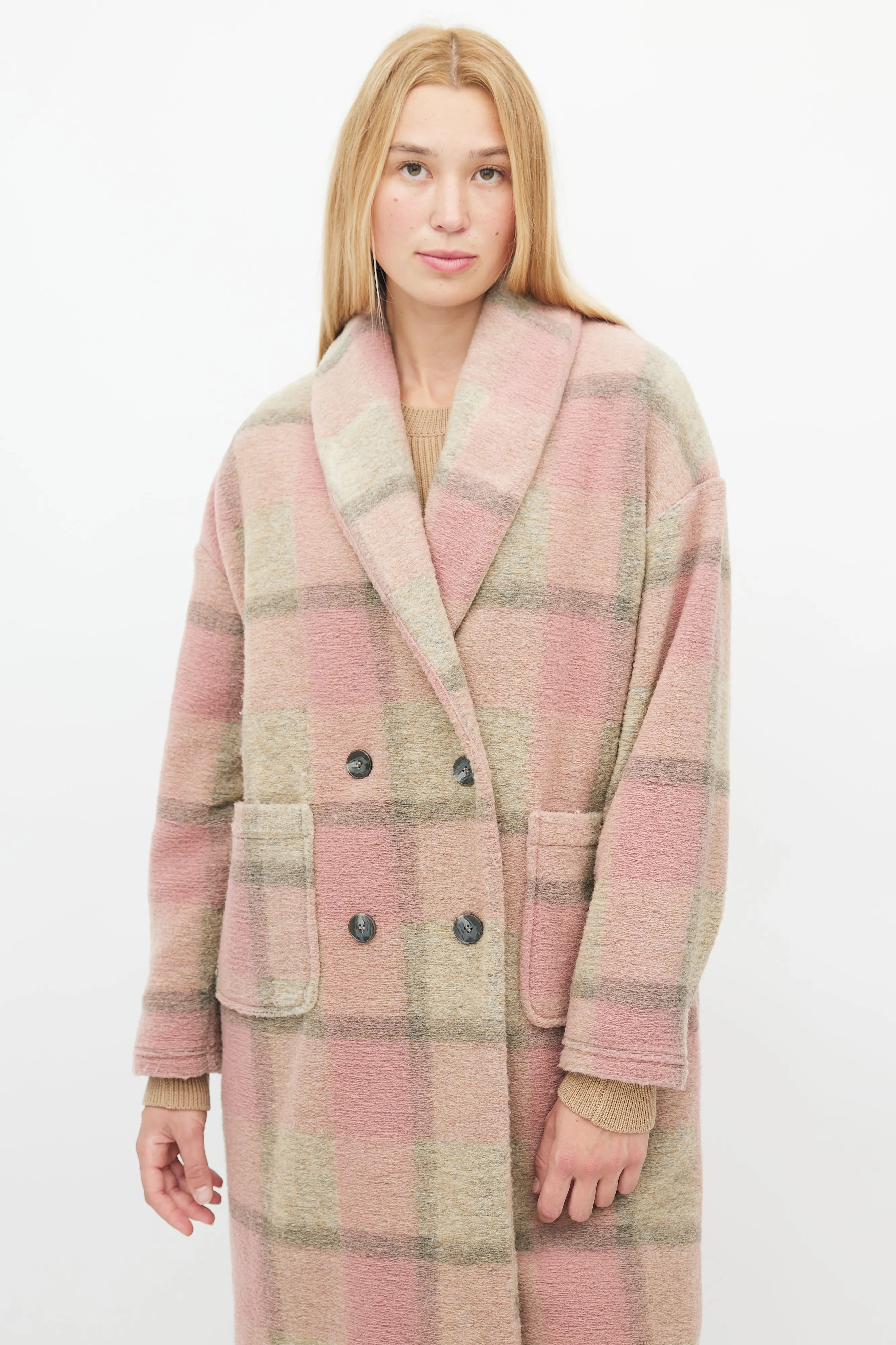 Pink & Brown Plaid Shawl Coat