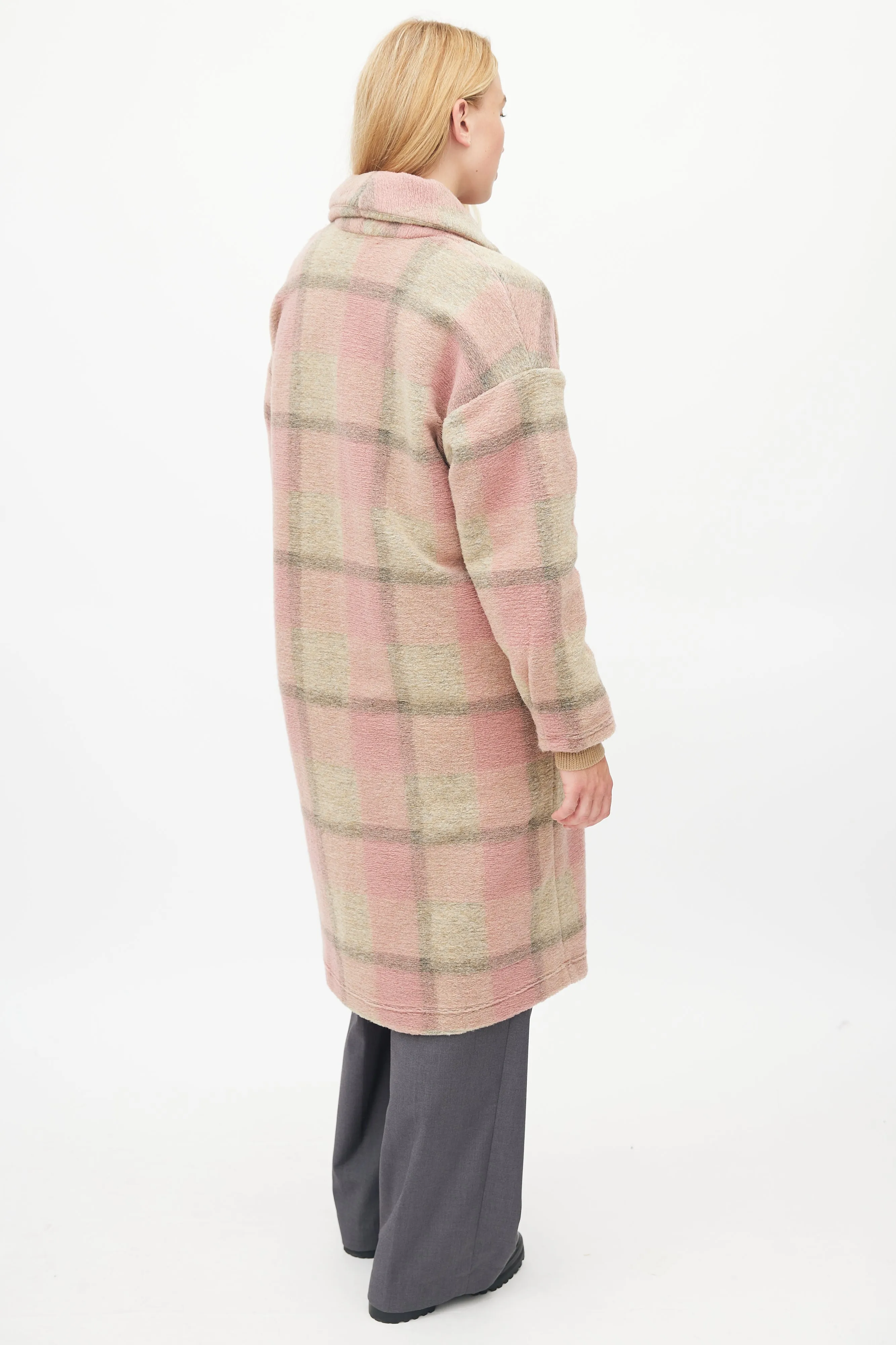 Pink & Brown Plaid Shawl Coat