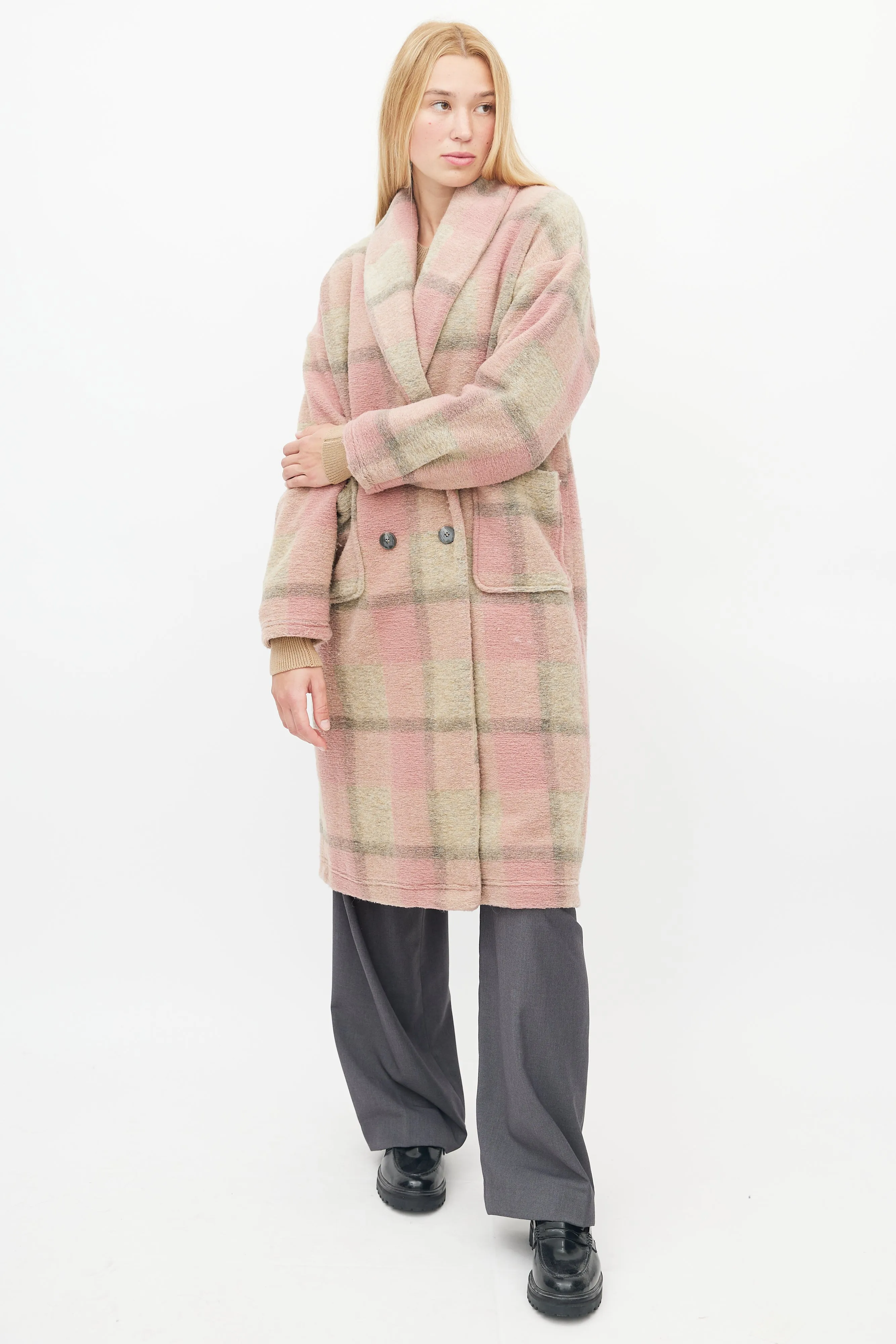 Pink & Brown Plaid Shawl Coat