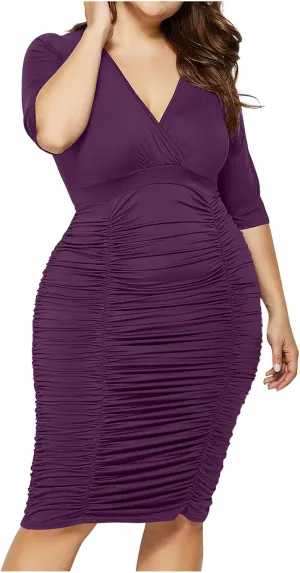 Plus Size Dresses for Curvy Women Formal Guest Ruched V Neck Low Cut Gowns Half Sleeve Elegant Evening Dresses