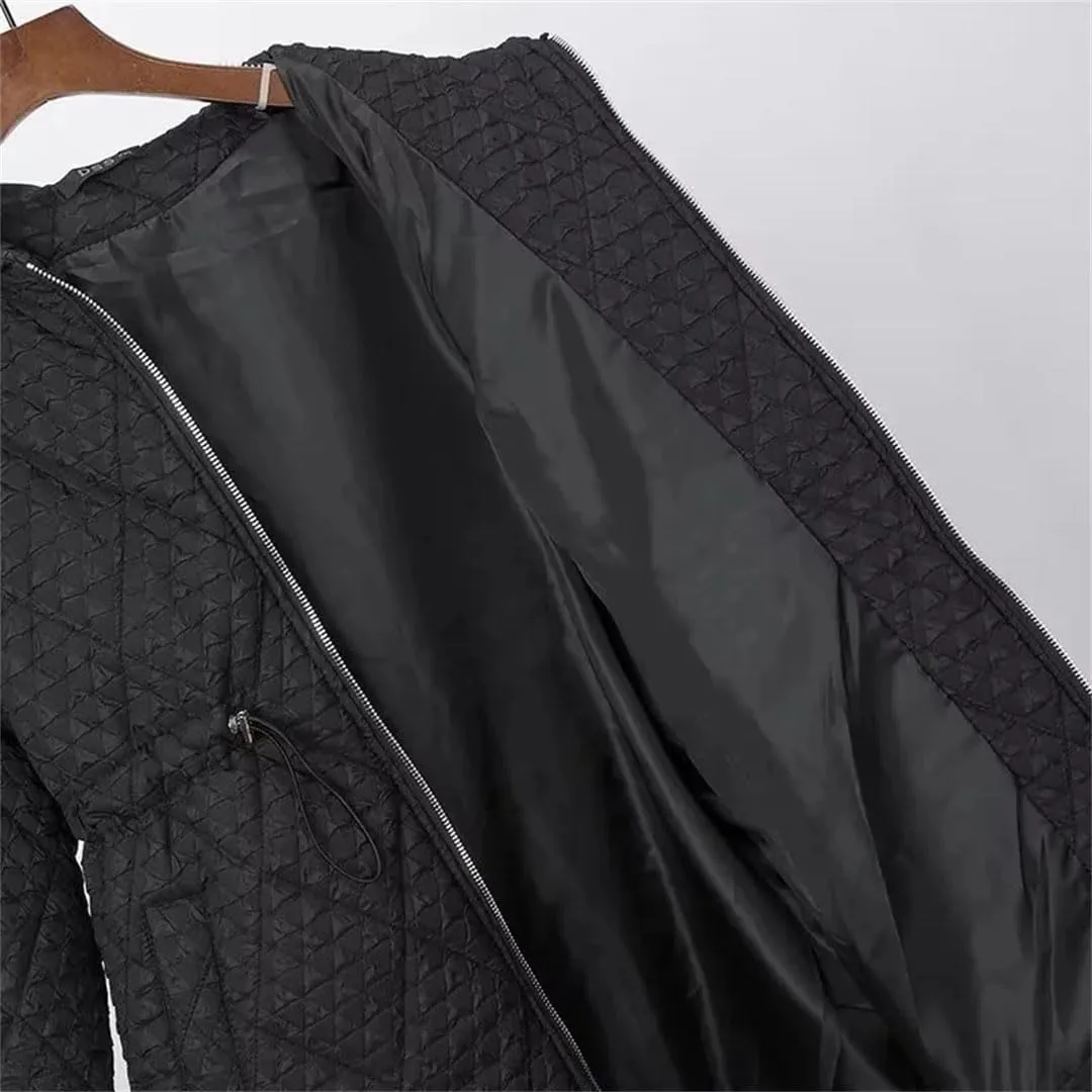 Plus Size Women Hooded Parka Winter Loose Drawstring Waist Embossed Cotton-Padded Coat