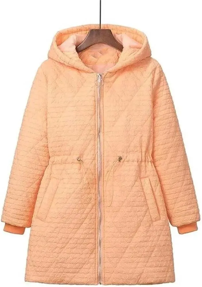 Plus Size Women Hooded Parka Winter Loose Drawstring Waist Embossed Cotton-Padded Coat