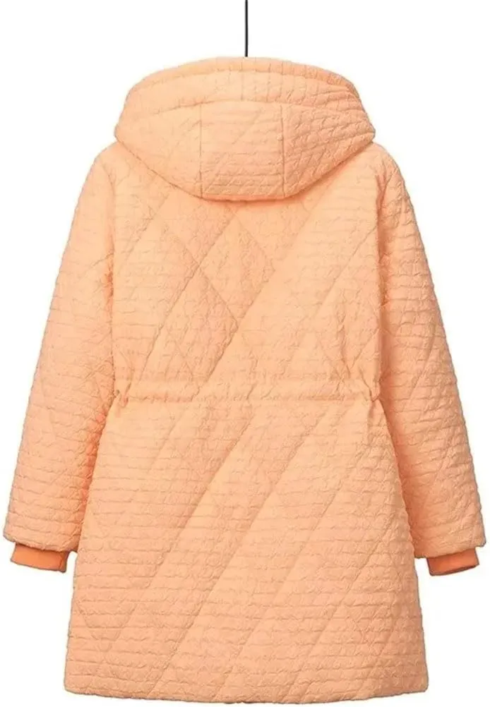 Plus Size Women Hooded Parka Winter Loose Drawstring Waist Embossed Cotton-Padded Coat