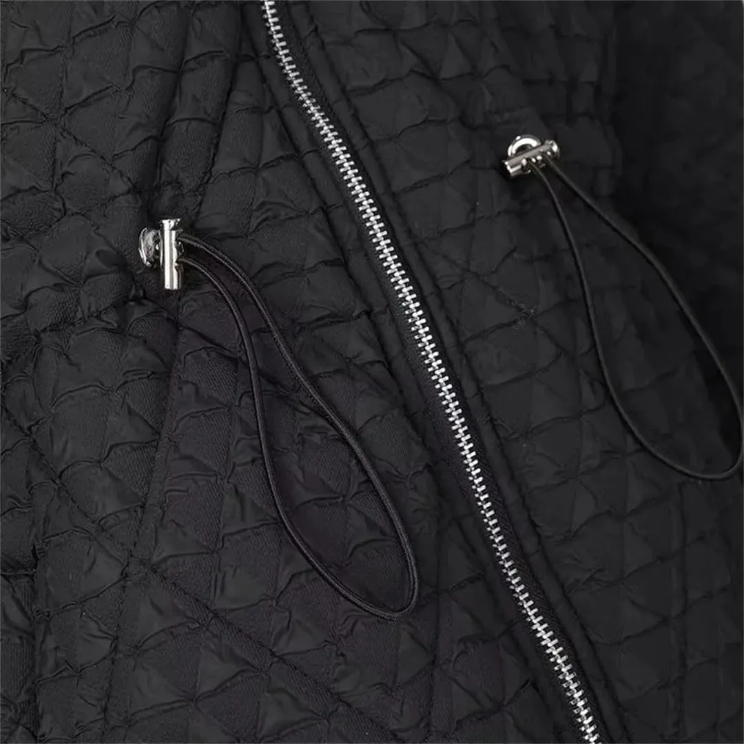 Plus Size Women Hooded Parka Winter Loose Drawstring Waist Embossed Cotton-Padded Coat