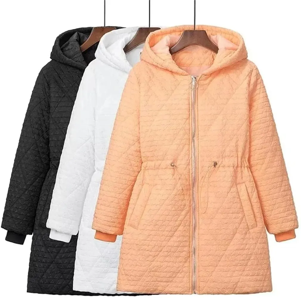 Plus Size Women Hooded Parka Winter Loose Drawstring Waist Embossed Cotton-Padded Coat