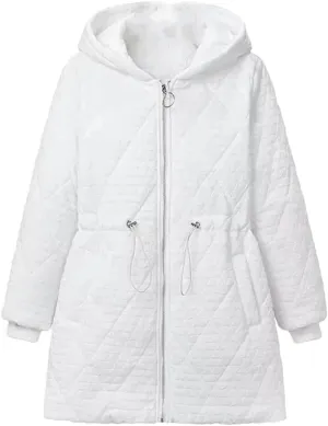 Plus Size Women Hooded Parka Winter Loose Drawstring Waist Embossed Cotton-Padded Coat