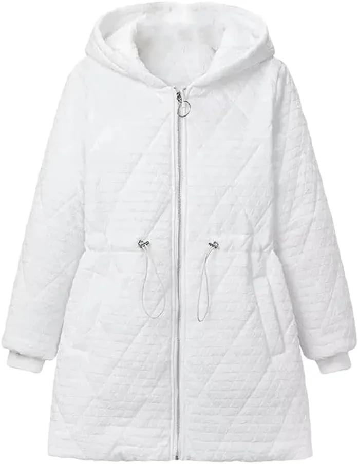 Plus Size Women Hooded Parka Winter Loose Drawstring Waist Embossed Cotton-Padded Coat