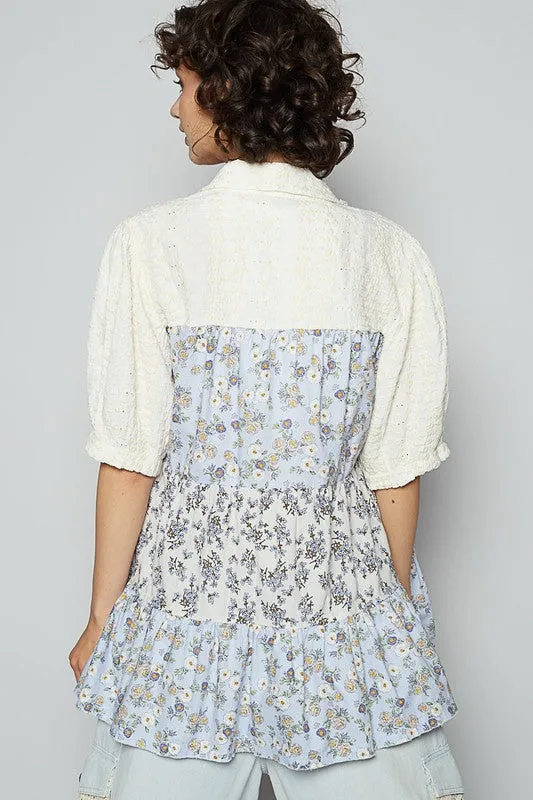 POL Ruffled Hem Floral Button Up Half Sleeve Top In Light Blue