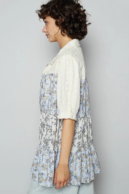 POL Ruffled Hem Floral Button Up Half Sleeve Top In Light Blue