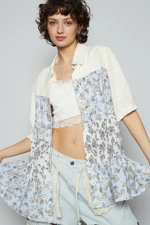 POL Ruffled Hem Floral Button Up Half Sleeve Top In Light Blue