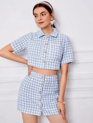 Preppy Plaid Button Front Short Sleeve Collar Women Two-Piece Outfits
