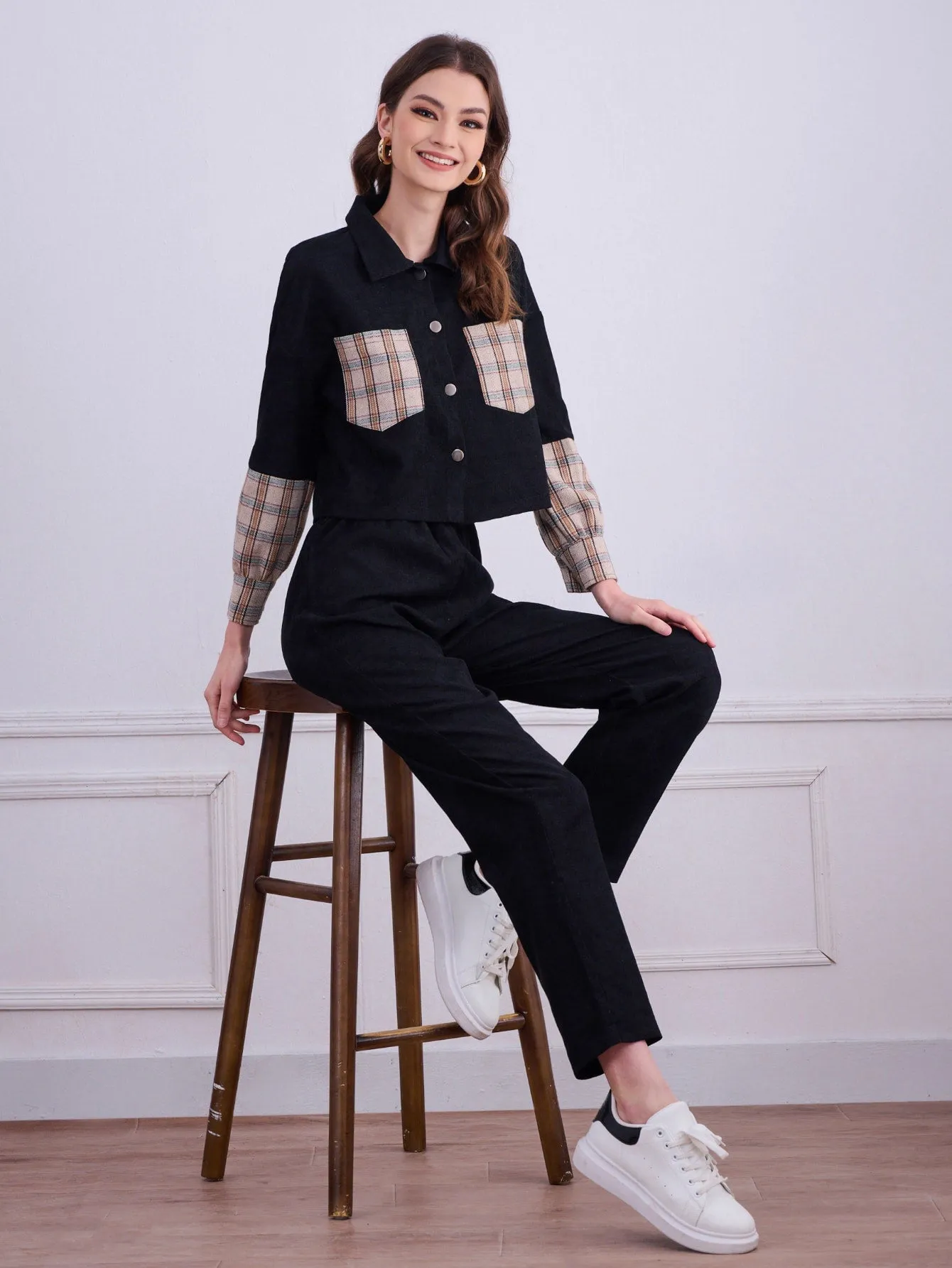 Preppy Plaid Pocket Long Sleeve Collar Women Two-Piece Outfits