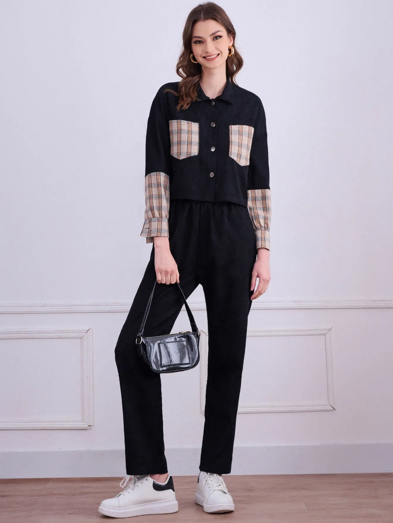 Preppy Plaid Pocket Long Sleeve Collar Women Two-Piece Outfits