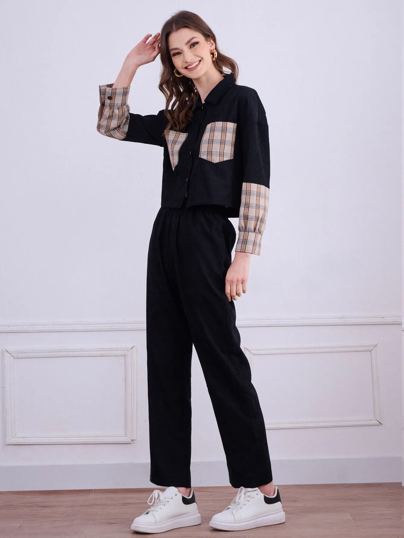 Preppy Plaid Pocket Long Sleeve Collar Women Two-Piece Outfits