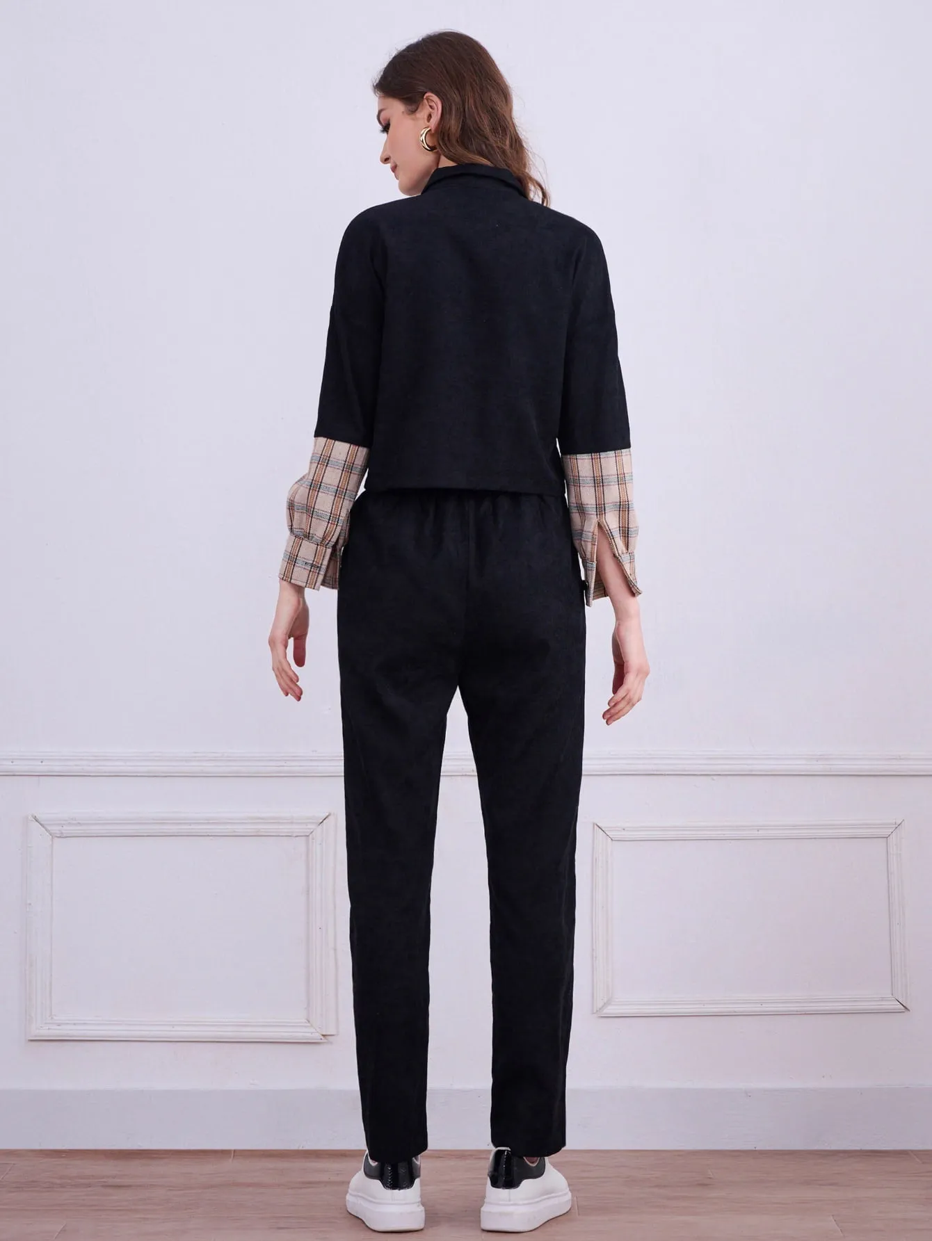 Preppy Plaid Pocket Long Sleeve Collar Women Two-Piece Outfits
