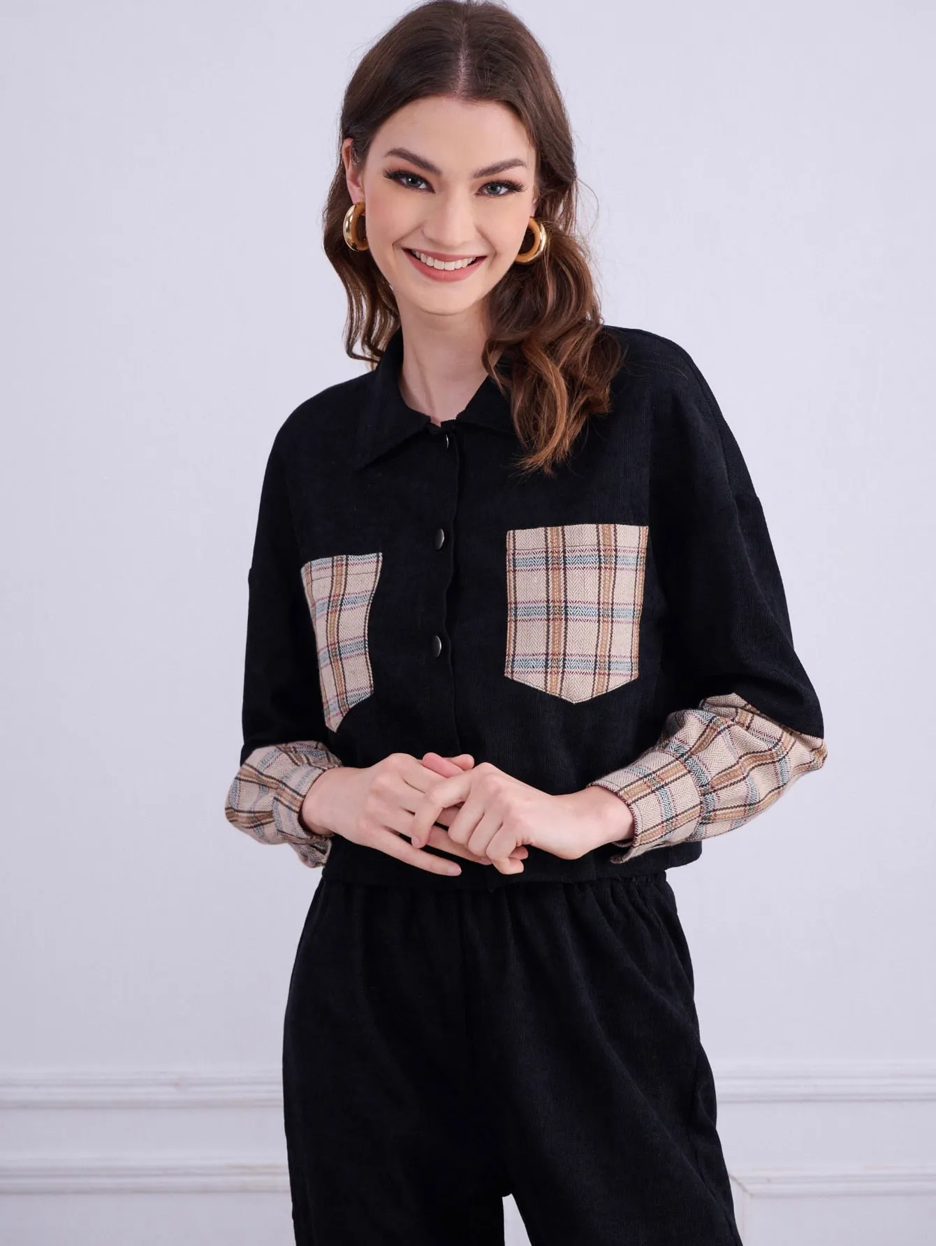 Preppy Plaid Pocket Long Sleeve Collar Women Two-Piece Outfits