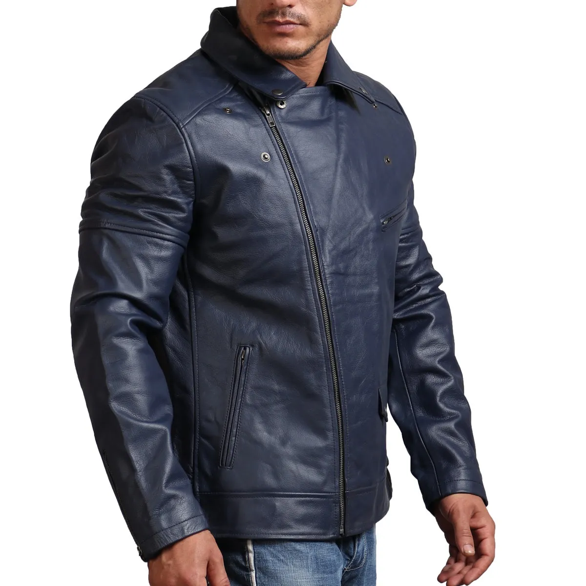 Real Leather Blue Motorcycle Jacket for Men Stylish Biker Outerwear
