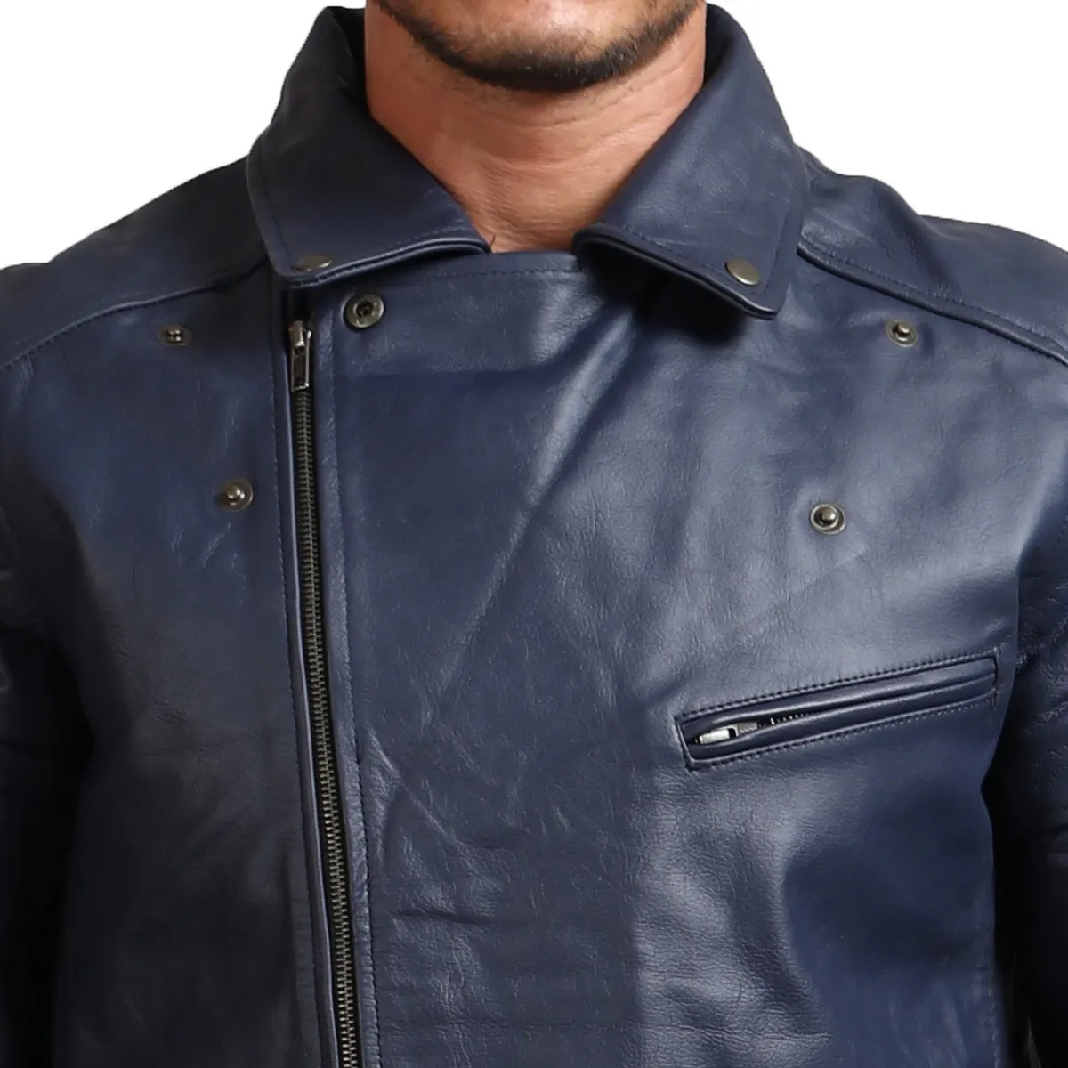 Real Leather Blue Motorcycle Jacket for Men Stylish Biker Outerwear