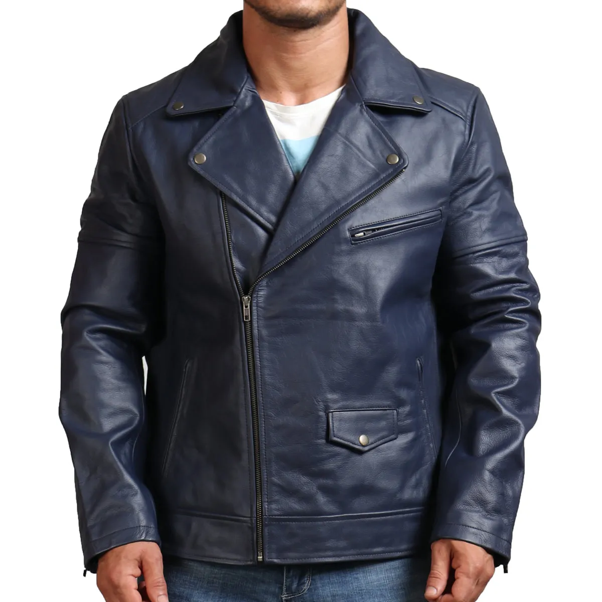 Real Leather Blue Motorcycle Jacket for Men Stylish Biker Outerwear