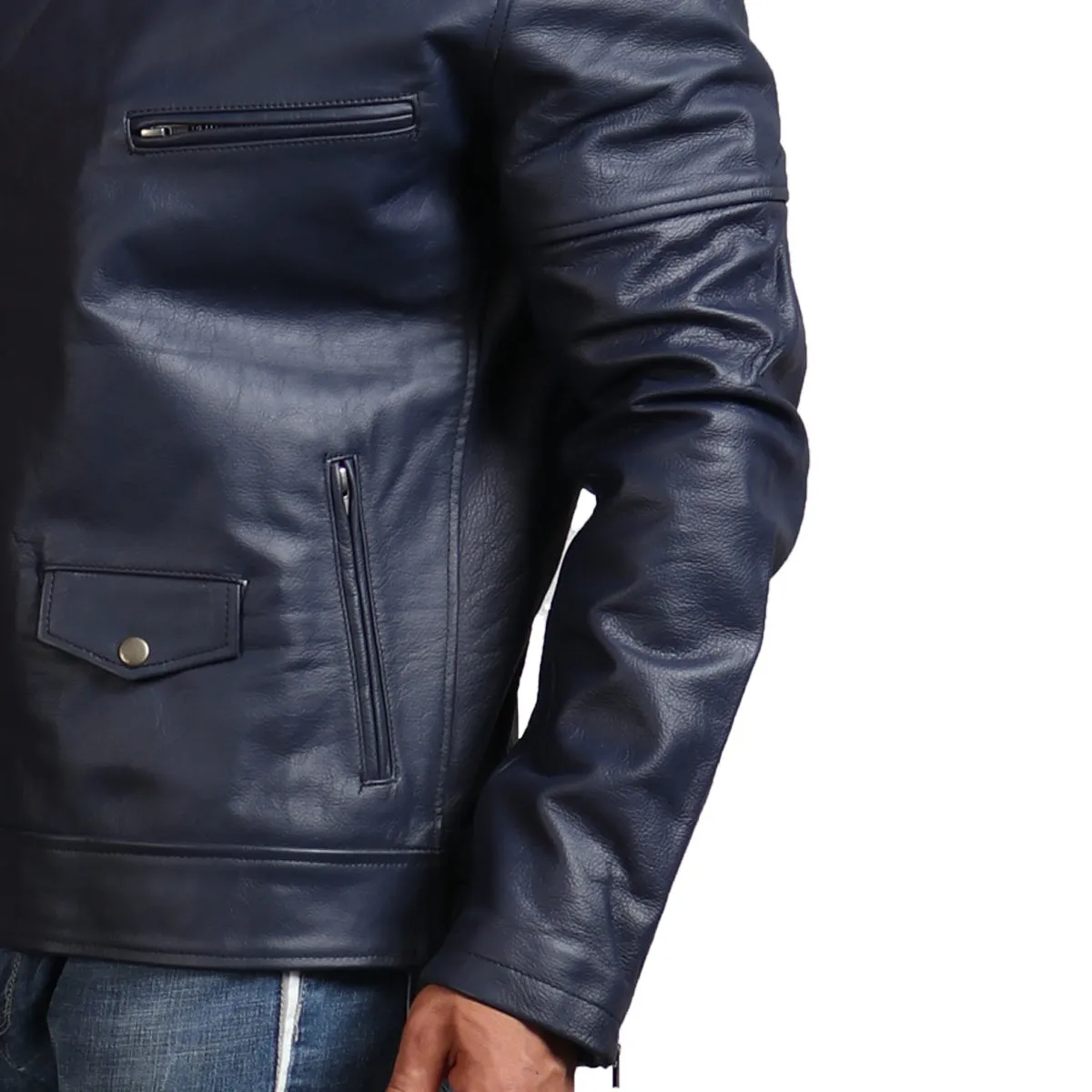 Real Leather Blue Motorcycle Jacket for Men Stylish Biker Outerwear