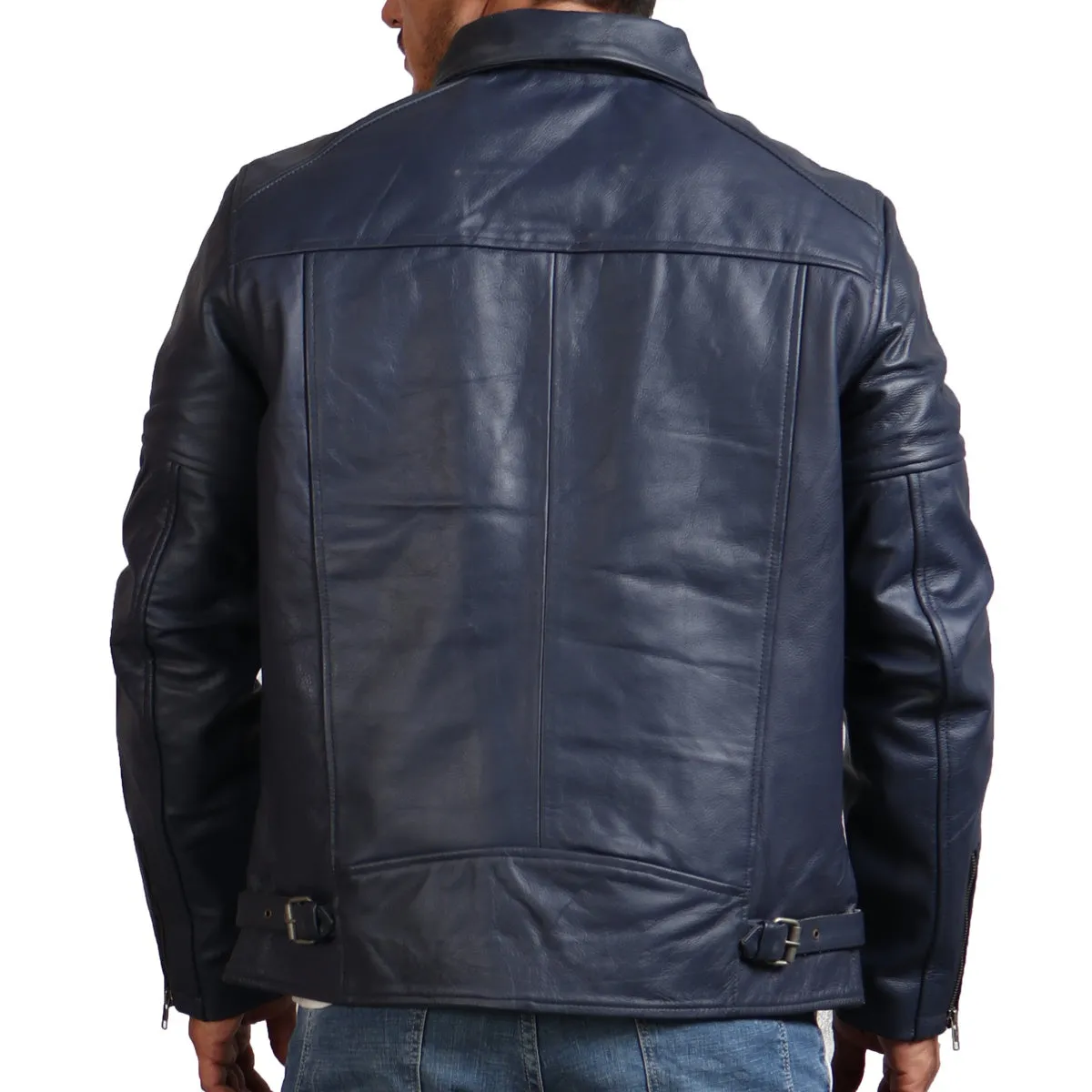 Real Leather Blue Motorcycle Jacket for Men Stylish Biker Outerwear