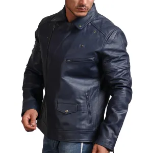 Real Leather Blue Motorcycle Jacket for Men Stylish Biker Outerwear