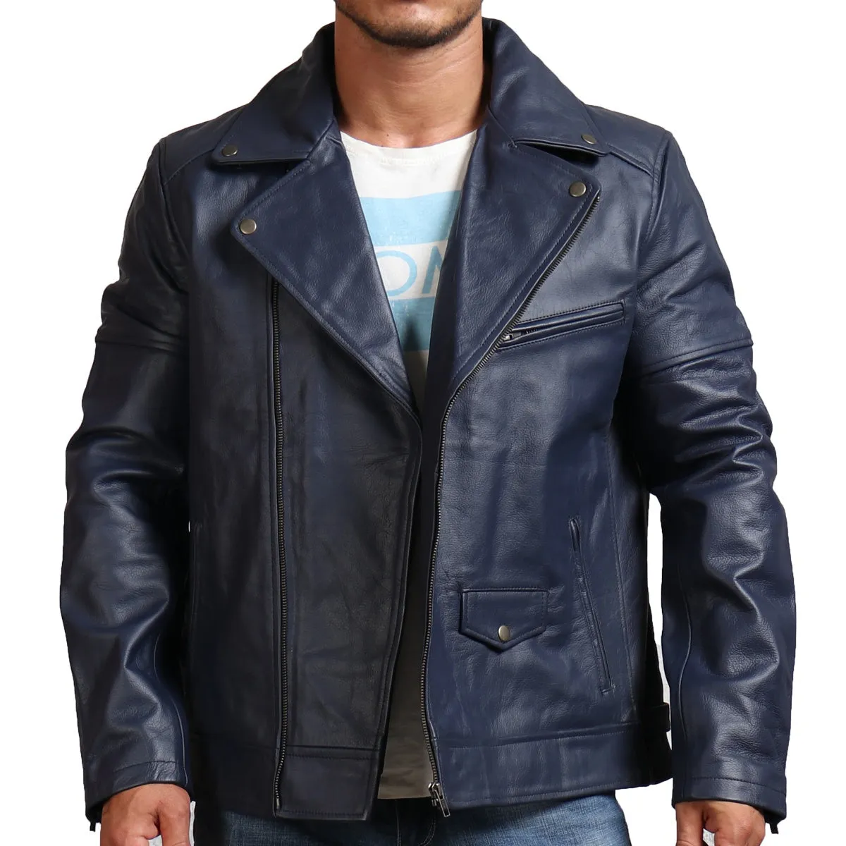 Real Leather Blue Motorcycle Jacket for Men Stylish Biker Outerwear