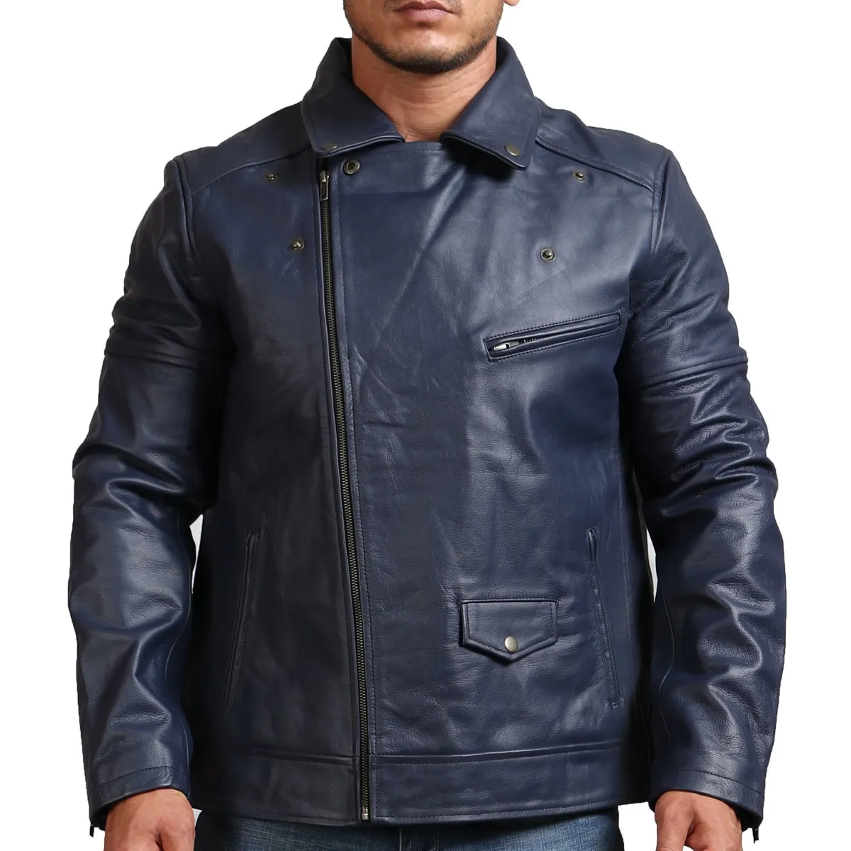 Real Leather Blue Motorcycle Jacket for Men Stylish Biker Outerwear