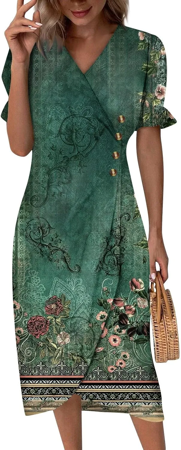 Resort Dresses for Women,Summer Elegant Wrap V Neck Floral Boho Dress Flowy Ruched Hawaiian Summer Dress