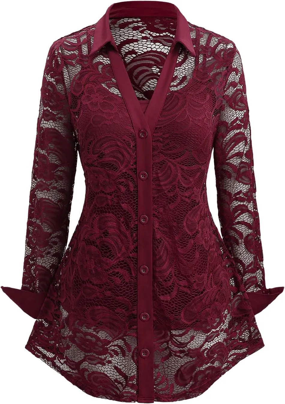ROSE GAL Rosegal Womens Plus Size Sheer Lace Button Front Long Sleeve Blouse and Cami Top Twinset