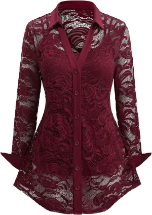 ROSE GAL Rosegal Womens Plus Size Sheer Lace Button Front Long Sleeve Blouse and Cami Top Twinset
