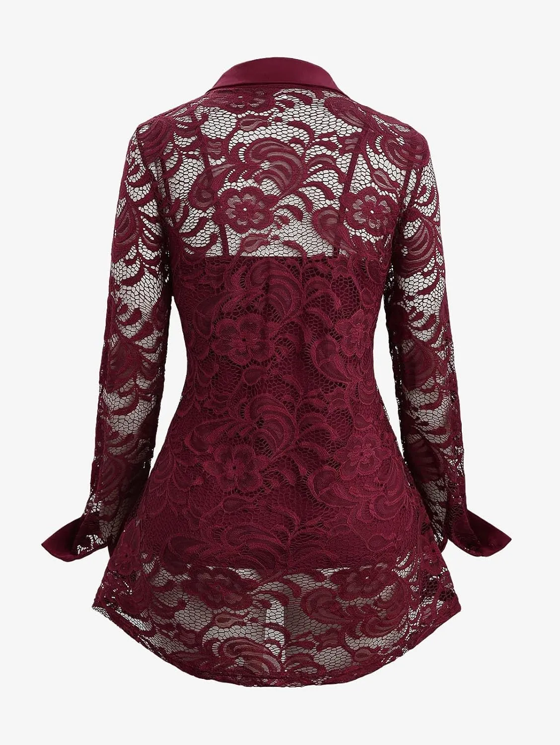 ROSE GAL Rosegal Womens Plus Size Sheer Lace Button Front Long Sleeve Blouse and Cami Top Twinset
