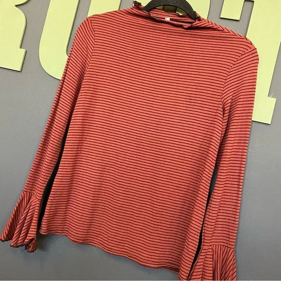 Rust   Black Striped Bell Sleeve Ruffle Neck Top Small