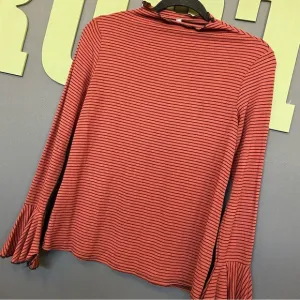 Rust   Black Striped Bell Sleeve Ruffle Neck Top Small