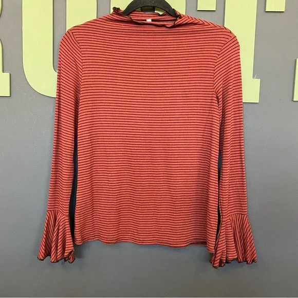 Rust   Black Striped Bell Sleeve Ruffle Neck Top Small