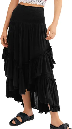 R.Vivimos Long Skirts for Women Summer Boho Smocked Strapless Dress Elastic High Waisted Layered Ruffle Hem Beach Midi Skirt