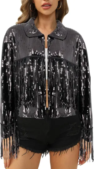Segreto Women's Glitter Sequin Tassels Bomber Open Front Jacket Shiny Fringe Long Sleeve Coat Cardigan Blazer Disco Outfits