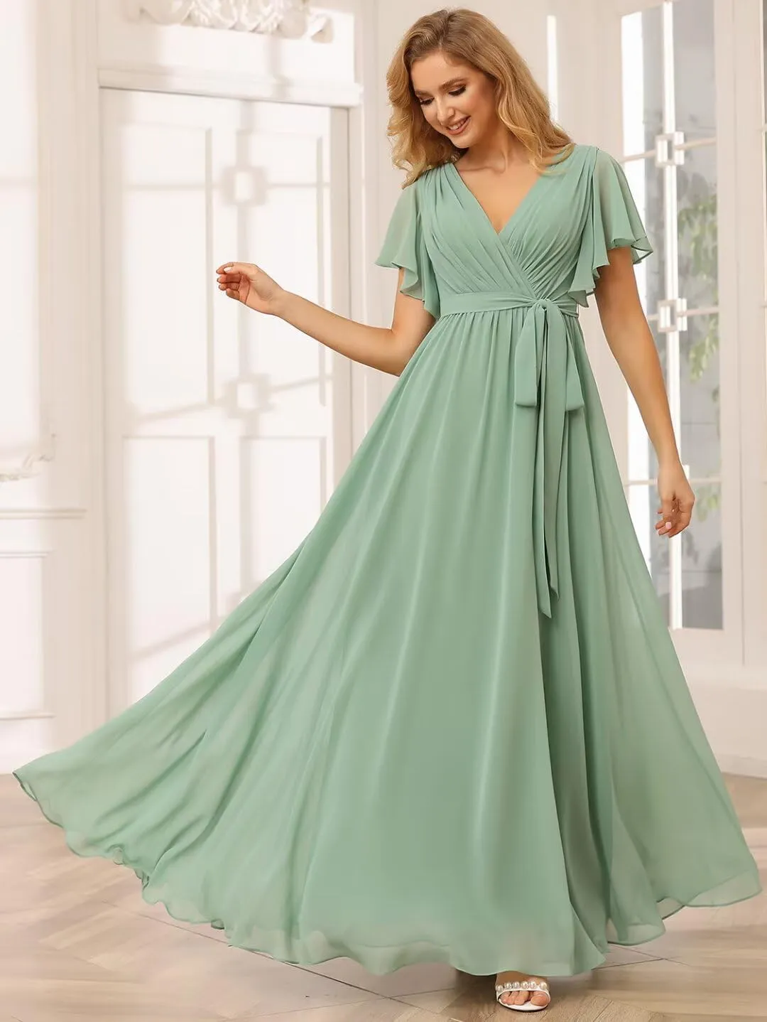 SEIM Women's Flutter Sleeve Bridesmaid Dresses Long V Neck Chiffon Formal Dresses with Pockets SE101